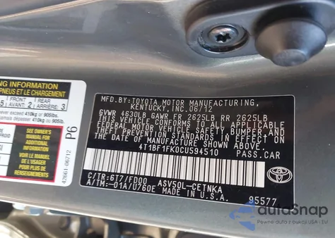 2012 Toyota Camry Le from USA, damaged, VIN 4T1BF1FK0CU594510